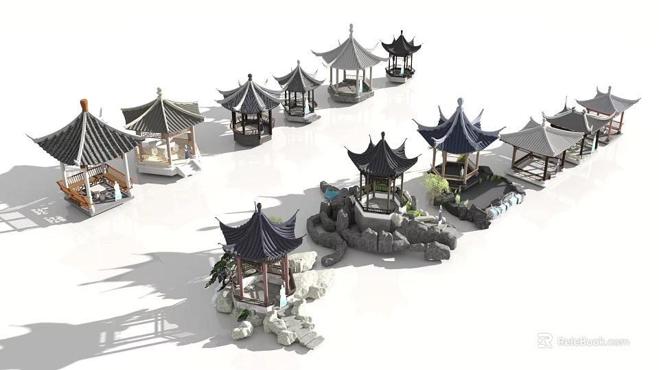 Traditional Chinese Garden Decorative Elements Featuring Pavilions Rockeries And Stone Stairs 3d model 