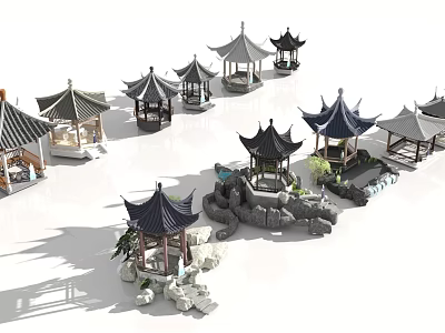 Traditional Chinese Garden Decorative Elements Featuring Pavilions Rockeries And Stone Stairs 3d model