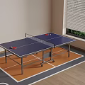 Indoor Table Tennis Table With Blue Surface Net And Orange Gray Mat Near Window Blinds