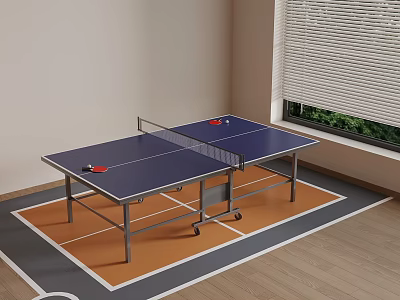 Indoor Table Tennis Table With Blue Surface Net And Orange Gray Mat Near Window Blinds 3d model