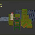 Construction Materials Setup With Orange Bricks Green Stool Spray Can Corrugated Sheets And Fence Panels