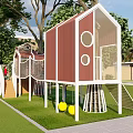 Fun Kids Tree House With Red Roofs White Structure And Climbing Net On Grass Lawn