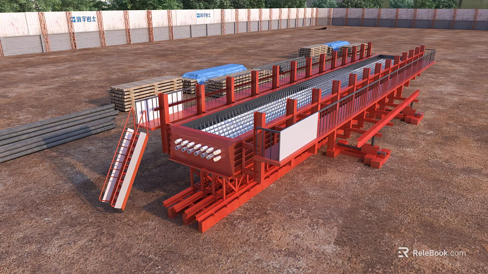Precast Bridge Components With Red Structure At Construction Site And Stacked Materials 3d model