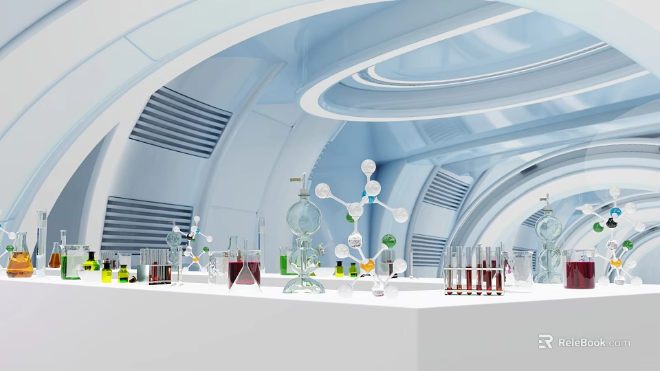 Modern Laboratory With Glassware Molecular Models On White Bench And Blue Curved Background 3d model 