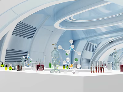 Modern Laboratory With Glassware Molecular Models On White Bench And Blue Curved Background 3d model