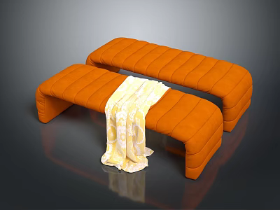 Orange Modern Sofa Bench with Quilted Design and Yellow Throw Blanket in Contemporary Setting 3d model