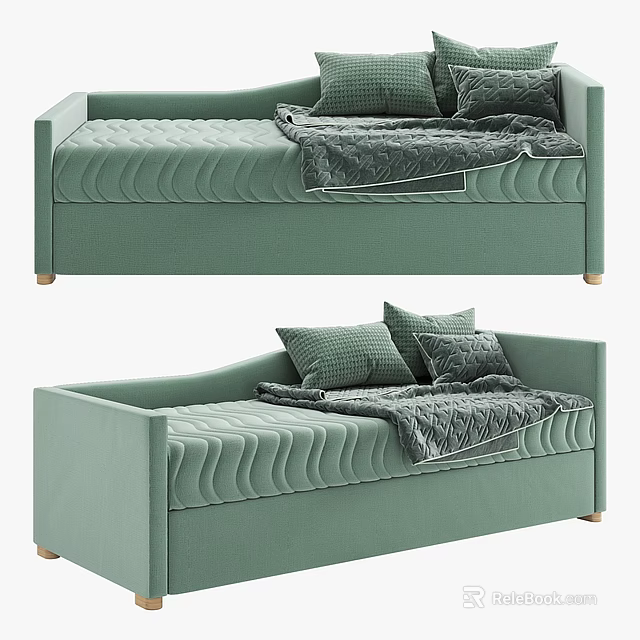 Modern Light Green Chaise Lounge With Wavy Stitching Pillows And Blanket 3d model 