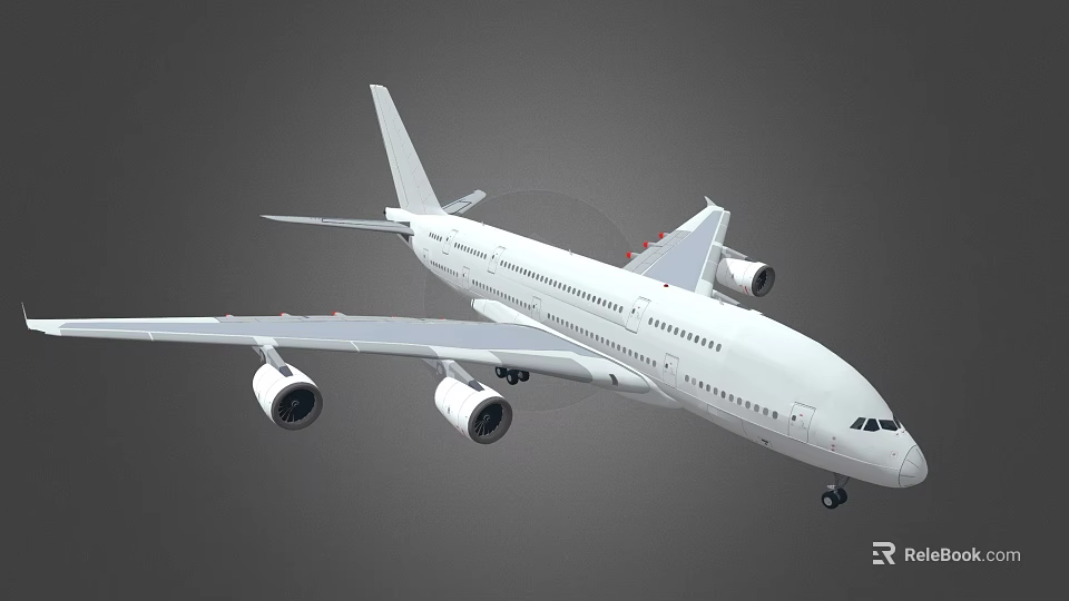 White Commercial Passenger Airplane with Four Engines Wings Tail and Landing Gear in Flight 3d model 