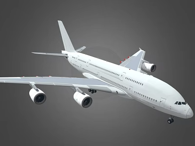 White Commercial Passenger Airplane with Four Engines Wings Tail and Landing Gear in Flight 3d model