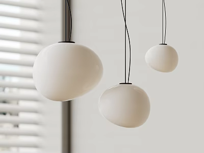 Modern Minimalist White Round Pendant Lights Hanging With Black Cords And Blinds Background 3d model