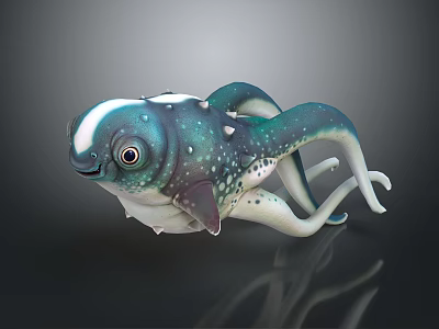 Cute Blue Green Marine Creature 3D Model With Large Eyes White Spots And Tentacles 3d model