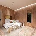 Modern Hotel Guest Room With Wooden Interior Large Windows Natural Light And Cozy Sofa
