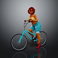 Red Haired Girl Riding Light Blue Bicycle Wearing Yellow Top And Blue Ripped Shorts