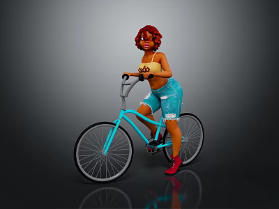 Red Haired Girl Riding Light Blue Bicycle Wearing Yellow Top And Blue Ripped Shorts 3d model