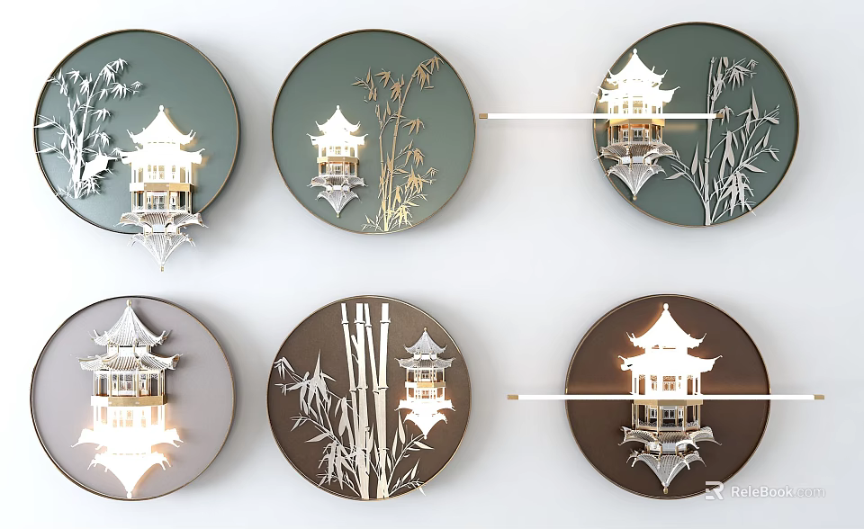 Oriental Circular Wall Decor Featuring Bamboo Patterns Pagoda Designs And Lighting 3d model