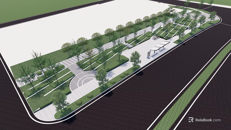 Park Landscape With Arranged Trees Curved Pathways Rest Benches And Green Lawn Areas 3d model 