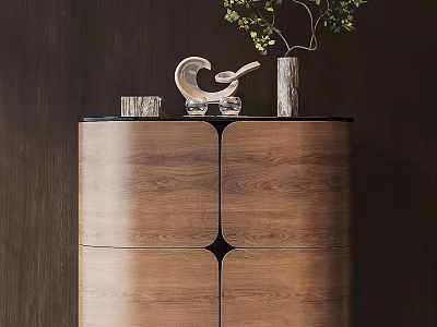 Modern Walnut Wooden Entryway Side Cabinet With Sculpture Vase And Plant Decorations 3d model