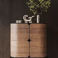 Modern Walnut Wooden Entryway Side Cabinet With Sculpture Vase And Plant Decorations