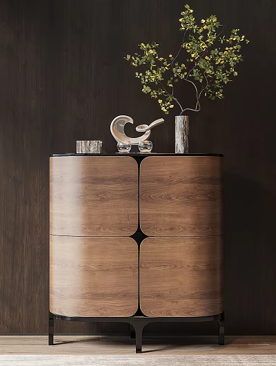 Modern Walnut Wooden Entryway Side Cabinet With Sculpture Vase And Plant Decorations 3d model