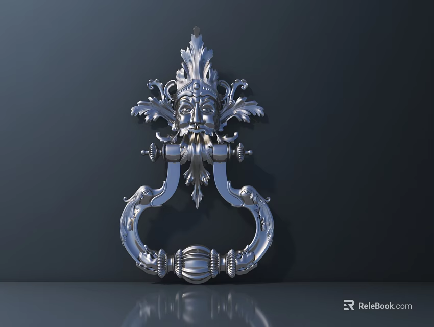 Ornate Silver Metal Door Handle With Intricate Floral Patterns And Carved Face Detail 3d model 