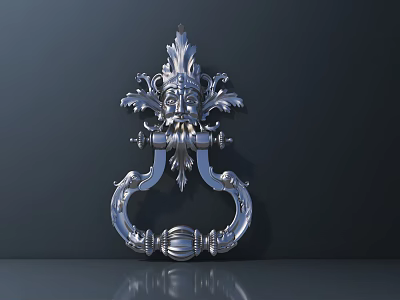 Ornate Silver Metal Door Handle With Intricate Floral Patterns And Carved Face Detail 3d model