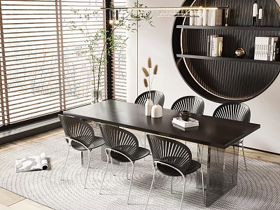 Modern Black Dining Table Set With Blinds Plants Round Shelf Books Decor And Rug 3d model
