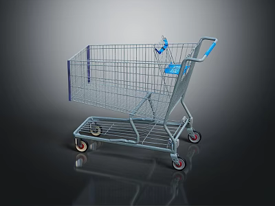 Sturdy Metal Shopping Cart With Blue Handle And Rolling Wheels For Retail Use 3d model
