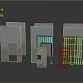 Three Architectural Wall Structure Models With Door Window And Metal Railings Design