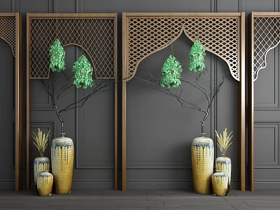 Elegant Modern Archway Screen With Golden Perforated Design And Green Plant Vases 3d model