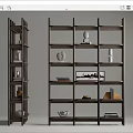 Modern Wooden Bookcase Interior With Open Shelves Decorative Sculptures Books And Framed Art