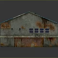 Old Industrial Park Building With Green Rusty Roof Peeling Paint And Gray Walls
