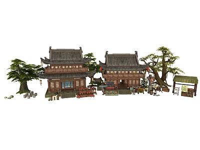 Cartoon Scene of Traditional Chinese Buildings with Curved Eaves Ancient Trees and Decorative Stalls 3d model