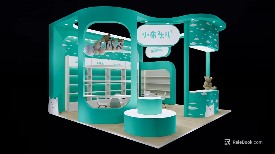 Turquoise Commercial Exhibition Booth Equipment With Shelves Round Display Stand And Cabinets For Retail 3d model 