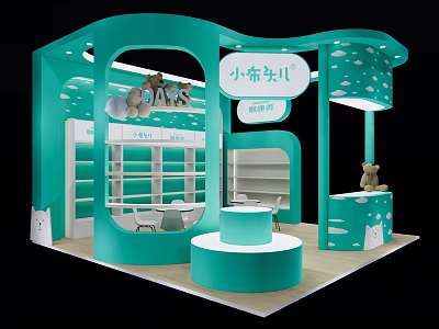 Turquoise Commercial Exhibition Booth Equipment With Shelves Round Display Stand And Cabinets For Retail 3d model