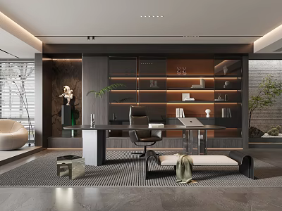 Modern Study Room Interior With Desk Chair Bookshelves Green Plant And Decorative Bench 3d model