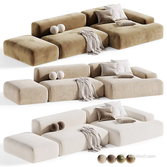 Modern Multi Seater Fabric Sectional Sofa In Different Neutral Tones With Cozy Pillows And Blankets 3d model 