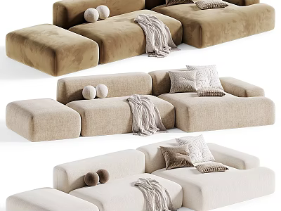 Modern Multi Seater Fabric Sectional Sofa In Different Neutral Tones With Cozy Pillows And Blankets 3d model