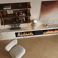 Modern Fireplace Interior With Marble Surround Artwork Decorative Shelves Floor Lamp And Accent Chair