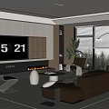 Modern Living Room Interior With TV Wall Fireplace Black Leather Sofa And Scenic View