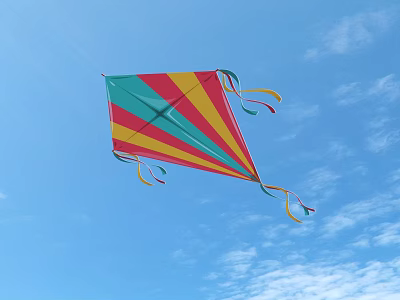 Colorful Triangular Kite Flying In Blue Sky With Colorful Streamers 3d model