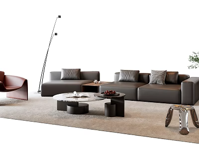 Modern Sofa and Coffee Table Set with Floor Lamp Armchair Green Plant and Beige Rug 3d model