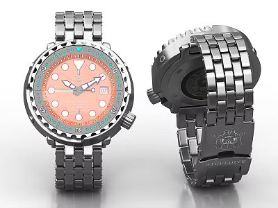 Stylish Wrist Watch with Orange Dial Blue Bezel Silver Metal Bracelet and Date 3d model