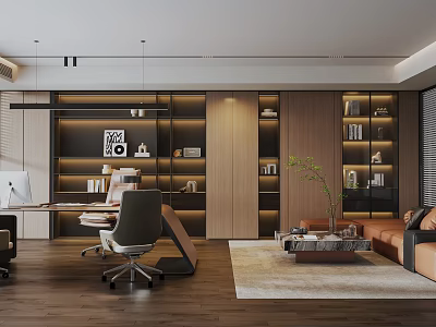 Modern Office Interior With Wooden Bookshelves Desk Sofa And Green Plant 3d model