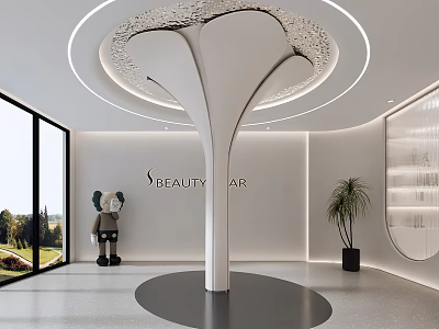 Modern White Pillar In Beauty Bar Interior With Round Base And Green Plant 3d model