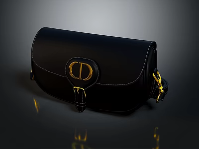 Elegant Black Leather Bag With Golden Buckle And Brand Logo Design 3d model