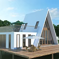 White Gabled Roof Guesthouse With Glass Windows Wooden Deck Outdoor Seating And Trees