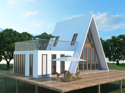 White Gabled Roof Guesthouse With Glass Windows Wooden Deck Outdoor Seating And Trees 3d model