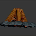 Campfire Scene Composition With Wooden Logs Burning Flames And Blue Stones Base