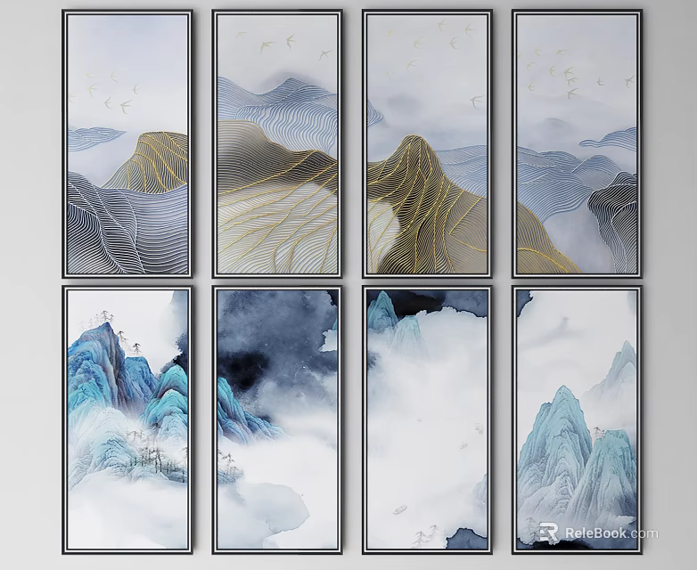 Chinese Ink Landscape Paintings Multi Panel Wall Art With Mountain Cloud Elements 3d model