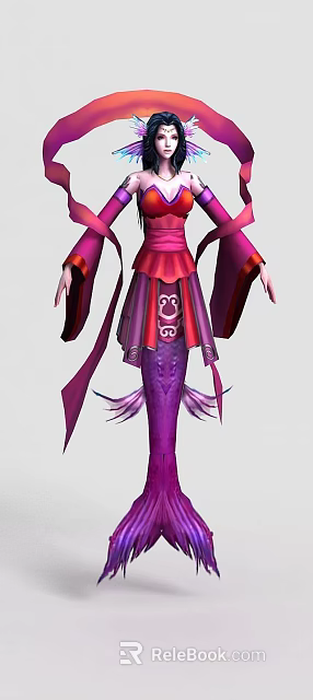 Tech Exhibition Hall Showcasing 3D Character In Purple Pink Traditional Costume With Fish Tail Skirt 3d model 